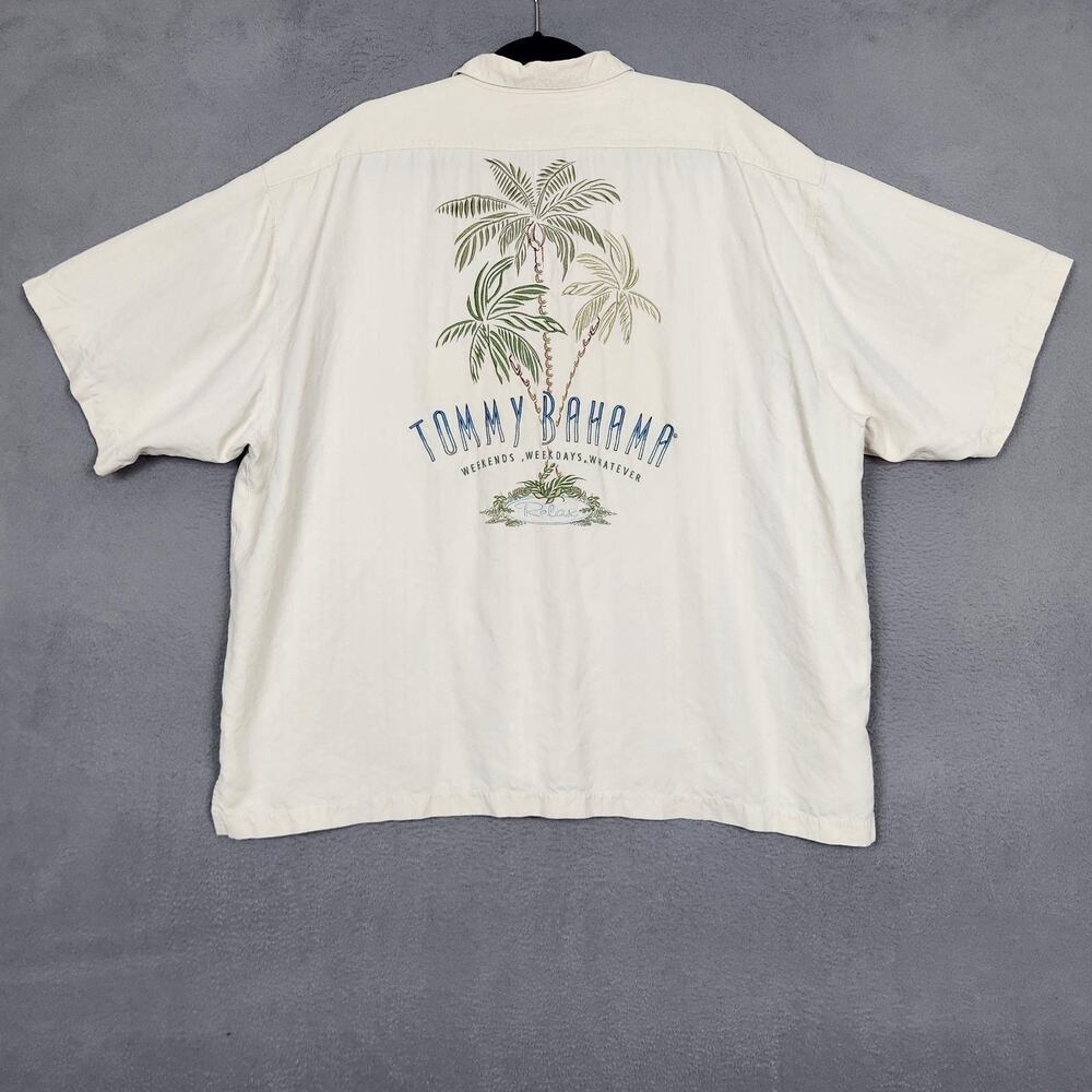 TOMMY BAHAMA Shirt Mens 2XL Cream 100% Silk Palm Tree Back Graphic Button Up